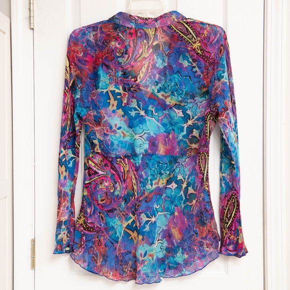Chico's 100% Silk Top Blouse Women's XL Sheer Wearable Art Colorful Paisley - Picture 4 of 4